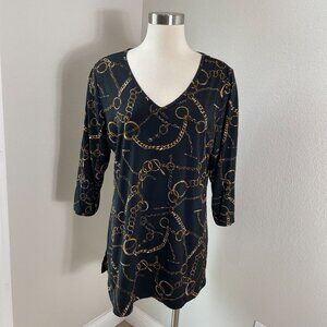 Susan Graver Womens Large Black Gold Chain Print V Neck Tunic Top 3/4 Sleeves